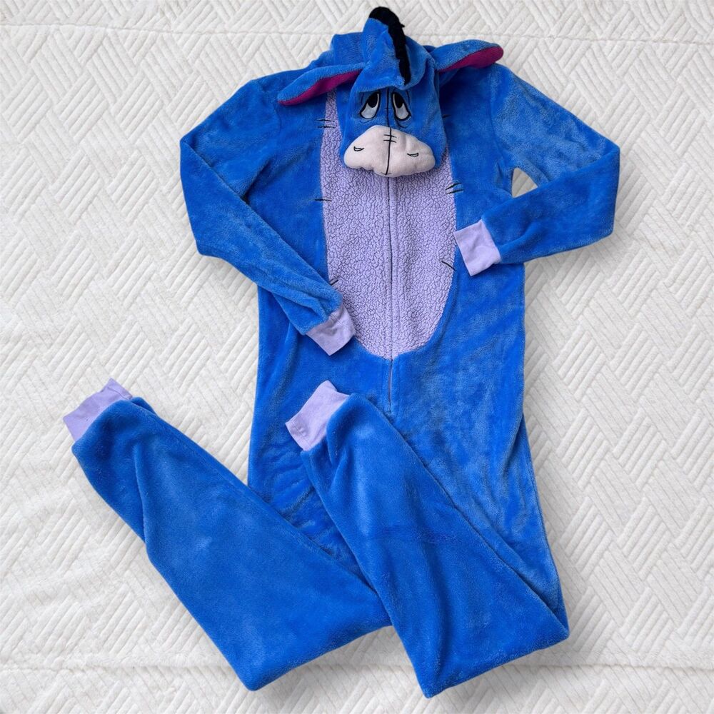 Disney Adult Size S 4-6 Eeyore Blue Plush Hooded One Piece Pajamas Costume Suit